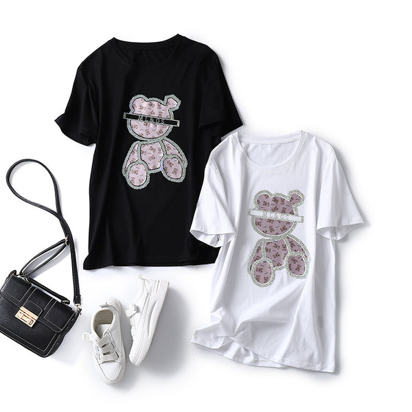 Heavy Embroidery Hot Drilling Bear Design Sense Niche Short Sleeve-Blouses & Shirts-Zishirts