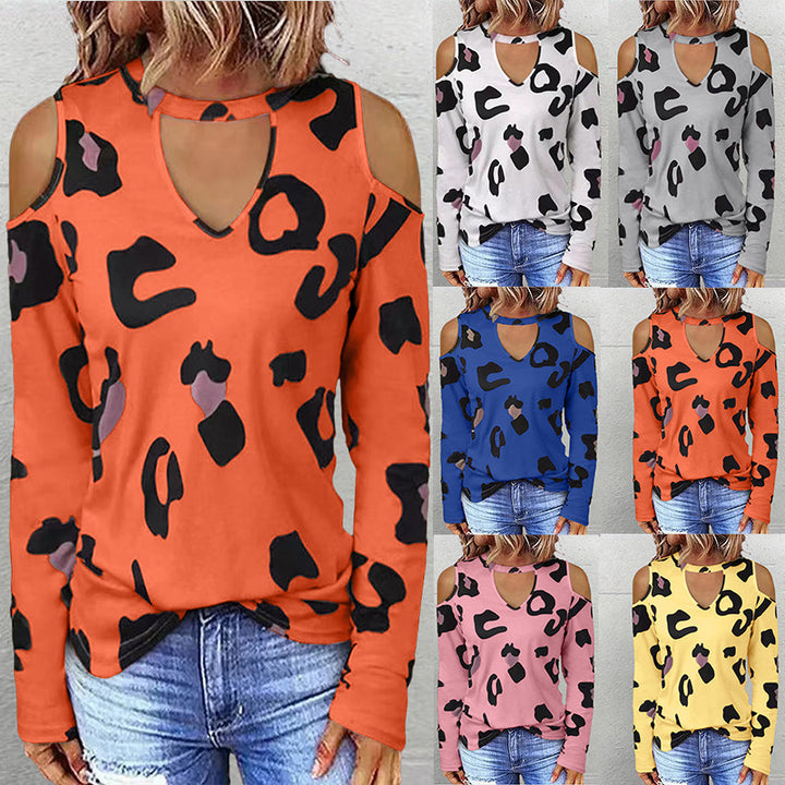 Women's Fashion Casual Printing Off-shoulder Loose Long-sleeved T-shirt-Blouses & Shirts-Zishirts