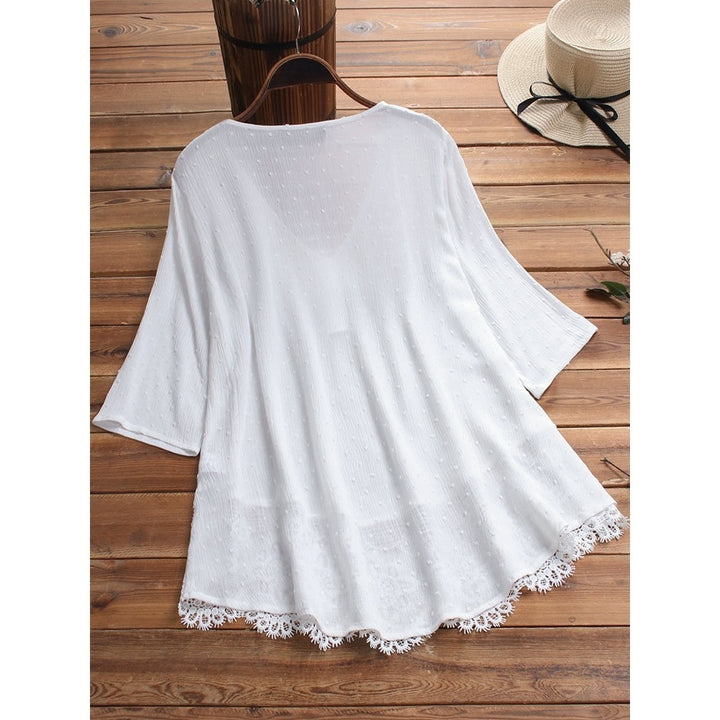 Women's Jacquard Pleated Lace Hollow Out V-neck Shirt-Womens 2024 March-Zishirts