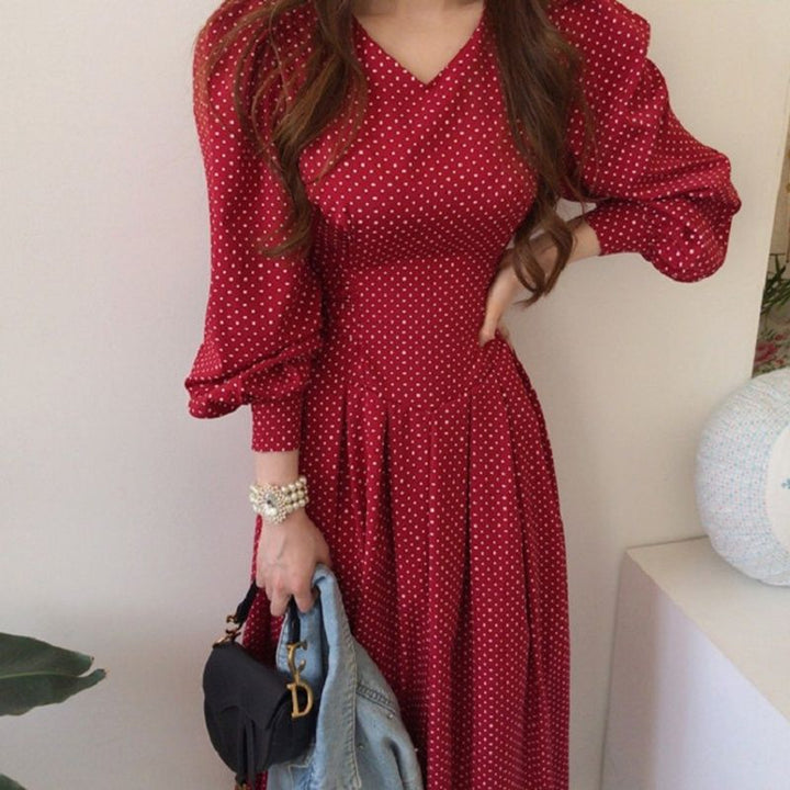 Women's Fashionable Slim Collar Slim-fit High Waist Lace-up Lantern Sleeve Dress-Lady Dresses-Zishirts