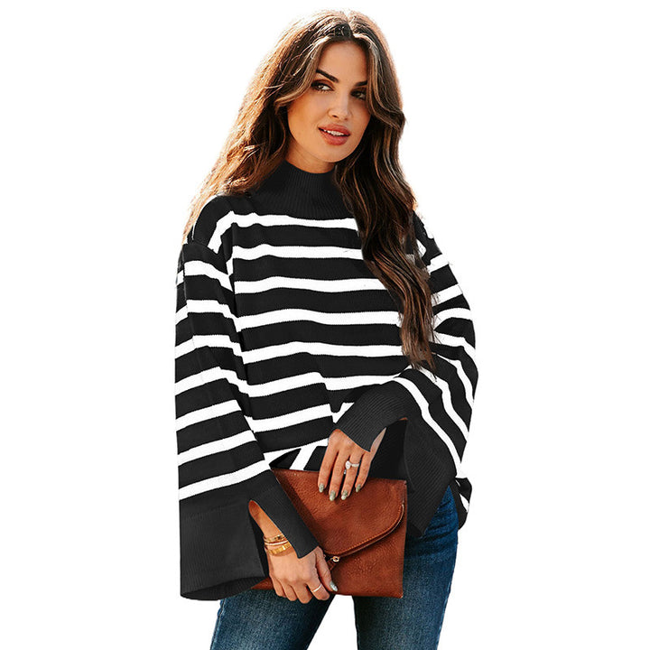 Striped Turtleneck Sweater Women's Cuffs-Women's Outerwear 2023-Zishirts