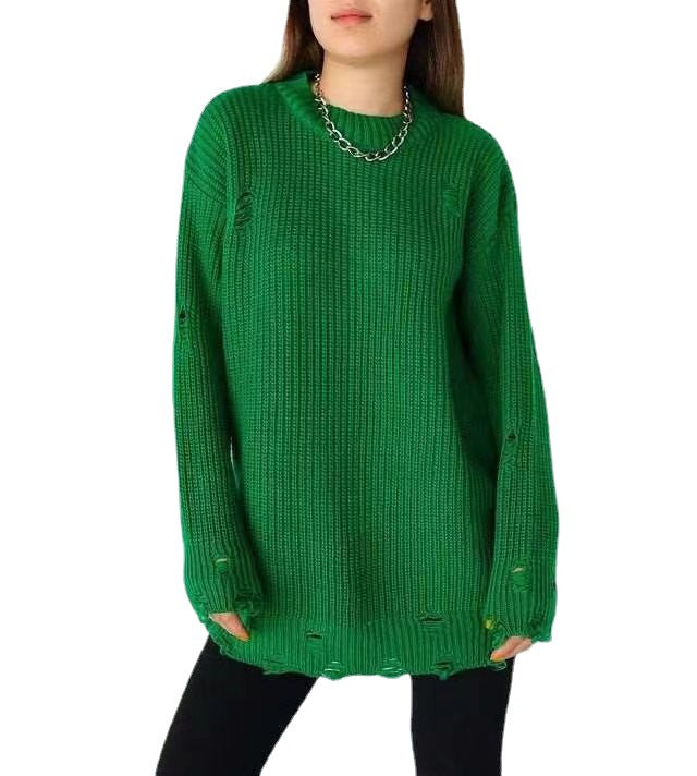 Solid Color Round Neck Long Sleeve Burrs Loose Knitted Pullover-Women's Outerwear 2023-Zishirts