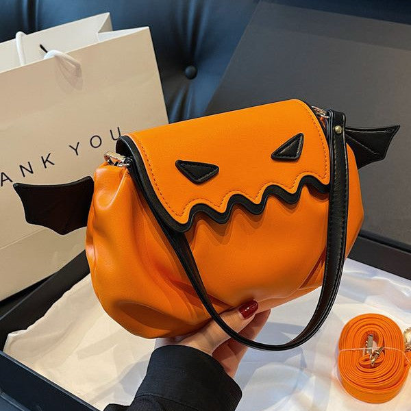 Funny Crossbody Bag Halloween Pumpkin Cartoon Shoulder Bags With Small Wings Personalized Creative Female Handbag-Women's Bags-Zishirts