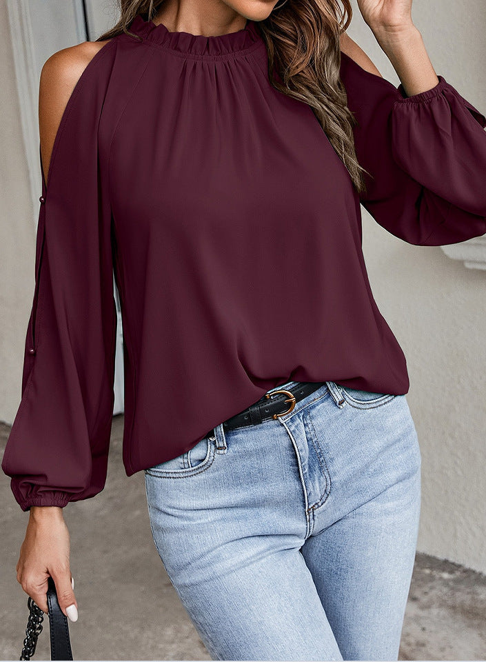 Ruffle Round Neck Long Sleeve Pleated Off-shoulder Top-Blouses & Shirts-Zishirts