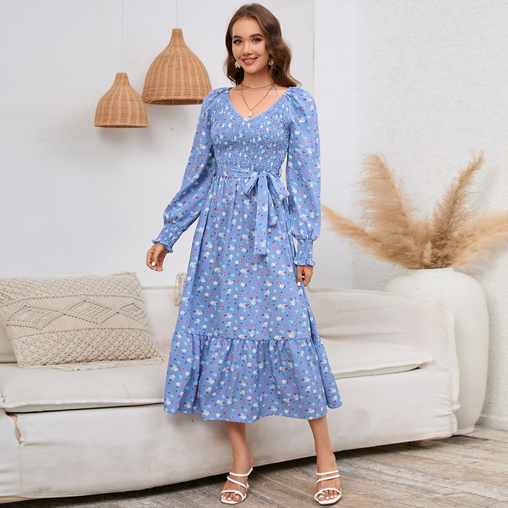 Women's All-matching Slim Fit Slimming Bubble Long Sleeve V-neck Floral Long Dress-Lady Dresses-Zishirts