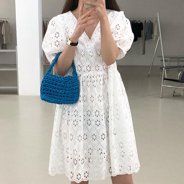 Niche V-neck Hollow Crocheted Waist-tight Slimming Puff Sleeve Dress-Lady Dresses-Zishirts