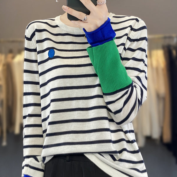 Double-layer Contrast Color Sleeves With Stripes Sweater-Sweaters-Zishirts