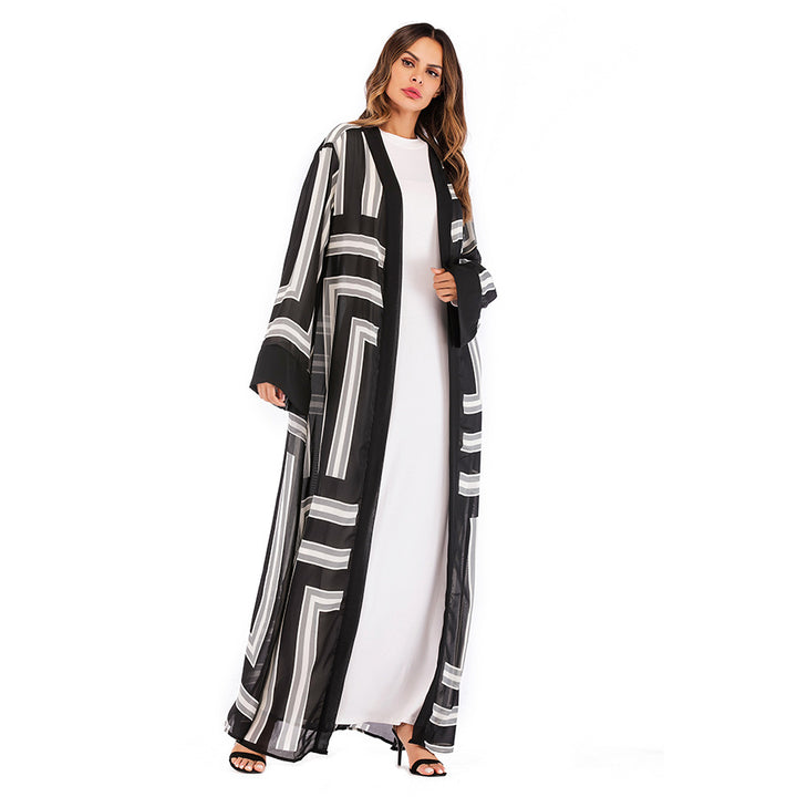 Muslim Stripe Loose Lace Cardigan Robe Female-Jackets-Zishirts