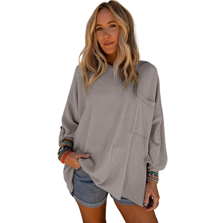 Solid Color Sweater Loose Casual Pocket Curling Threaded Long Sleeve Top-Sweaters-Zishirts