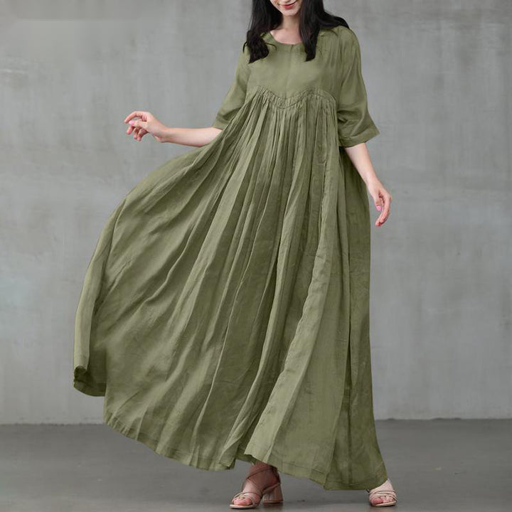 Cotton And Linen Pullover Round Neck Big Swing Solid Color Dress-Lady Dresses-Zishirts