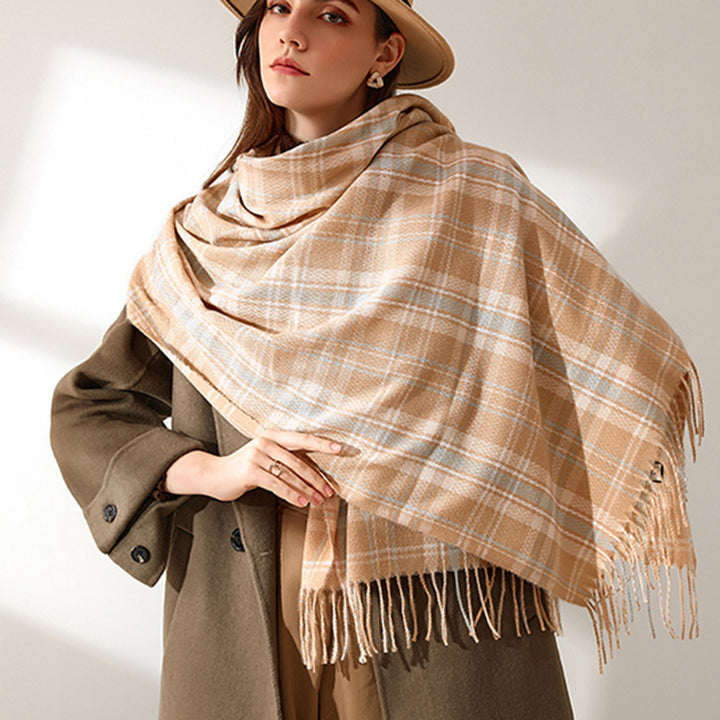 Women's Fashionable Plaid Printed Tassel Shawl Warm Scarf-Scarves & Wraps-Zishirts