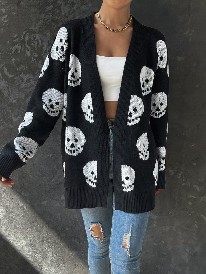 Women's Fashion Casual Halloween Skull Jacquard Knitted Long Sleeve Cardigan-Sweaters-Zishirts