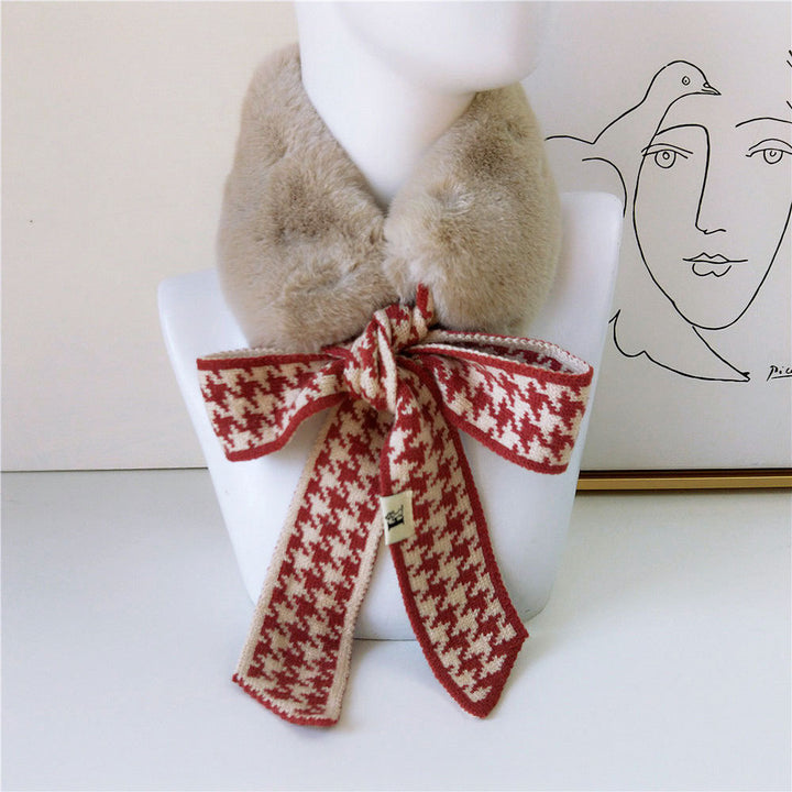 Houndstooth Fur Collar Scarf Women's Korean-style Plush Scarf Winter Warm Thickened Women's Scarf-Scarves & Wraps-Zishirts