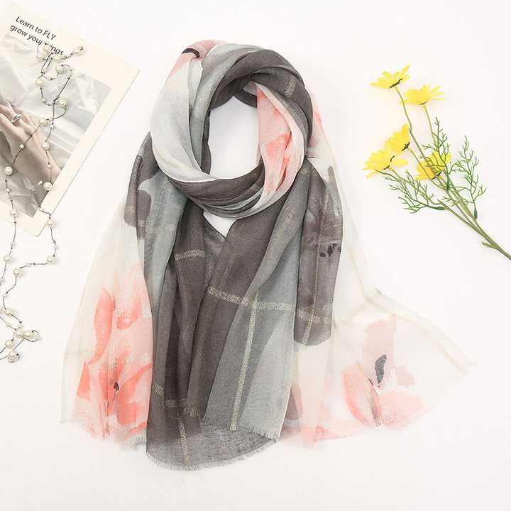 Women's Cotton And Linen Fleece Trimmed Printed Scarf-Scarves & Wraps-Zishirts