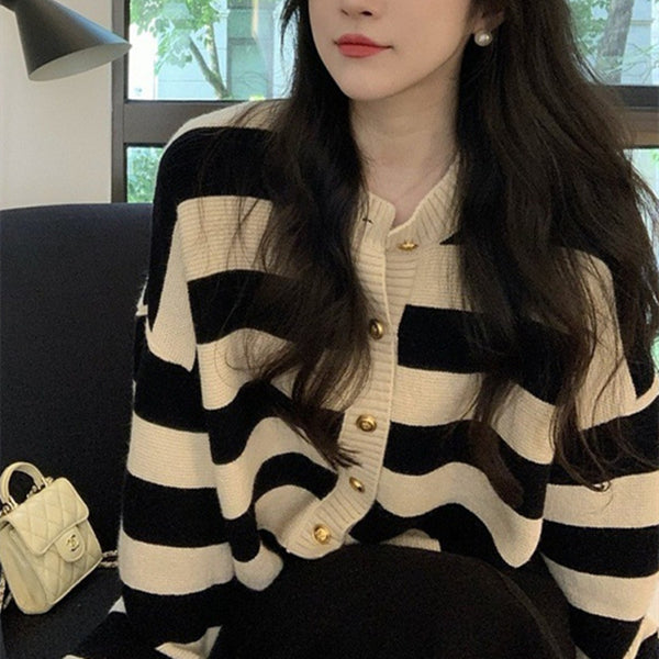 Women's Fashionable Loose Contrast Color Striped Round Neck Cardigan Jacket-Women's Outerwear 2023-Zishirts