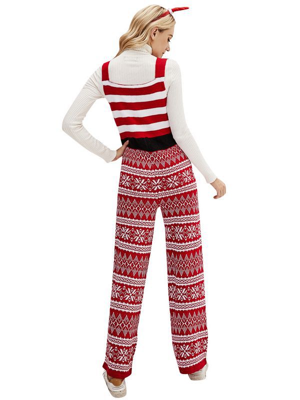 Christmas Clothes Knitted Suspender Pants Loose Christmas Snowflake Knitted Jumpsuit-Women's Outerwear 2023-Zishirts