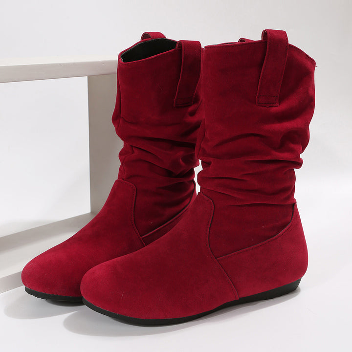 Round Toe Flat Boots Fashion Solid Color Suede Mid-calf Boot Winter Warm Shoes For Women-Womens Footwear-Zishirts