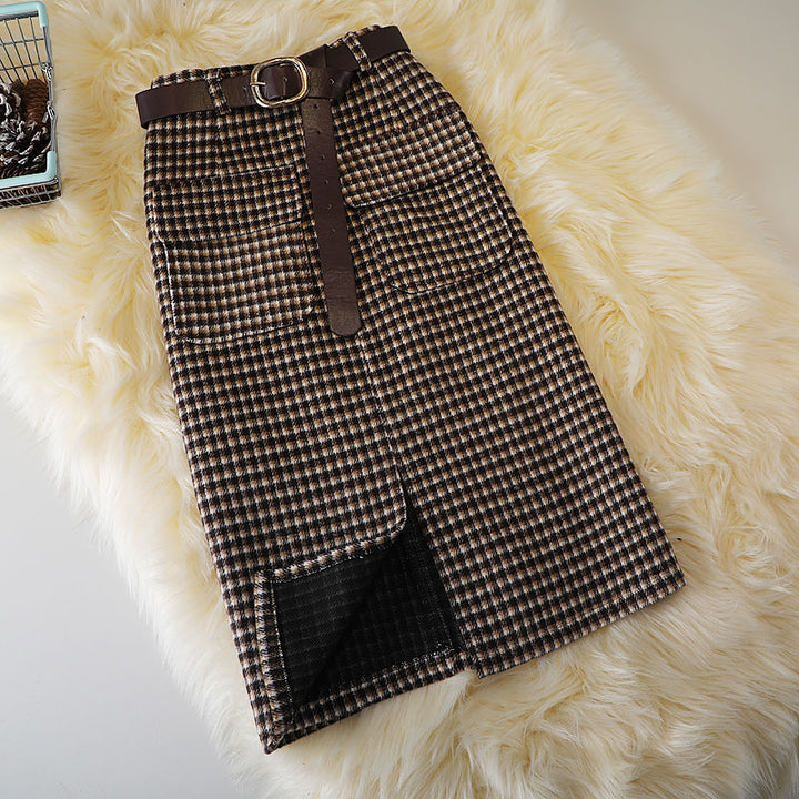 Autumn And Winter Woolen Plaid Sheath Skirt Women-Women's Outerwear 2023-Zishirts