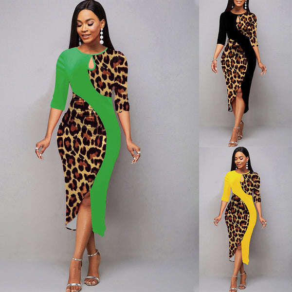 Intellectual Style Elegant Women's Leopard Print Pullover Round Neck Irregular Sheath Dress-Lady Dresses-Zishirts