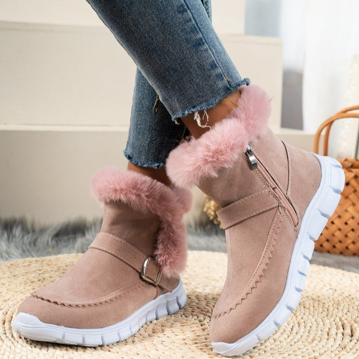 New Snow Boots Winter Warm Thickened Solid Color Plush Ankle Boots With Buckle Design Plus Velvet Flat Shoes For Women-Womens 2024 March-Zishirts