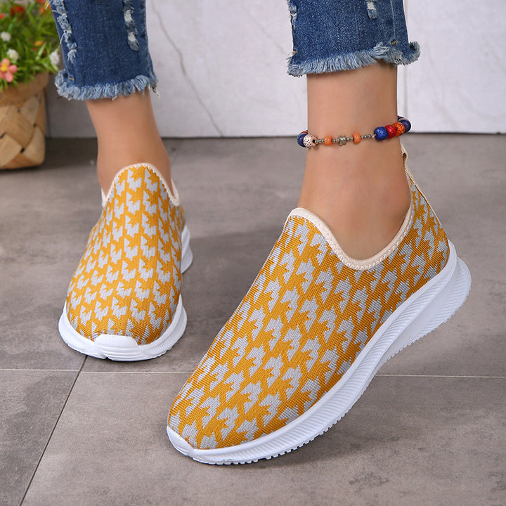 Houndstooth Print Sneakers Round Toe Mesh Flats Shoes-Womens Footwear-Zishirts