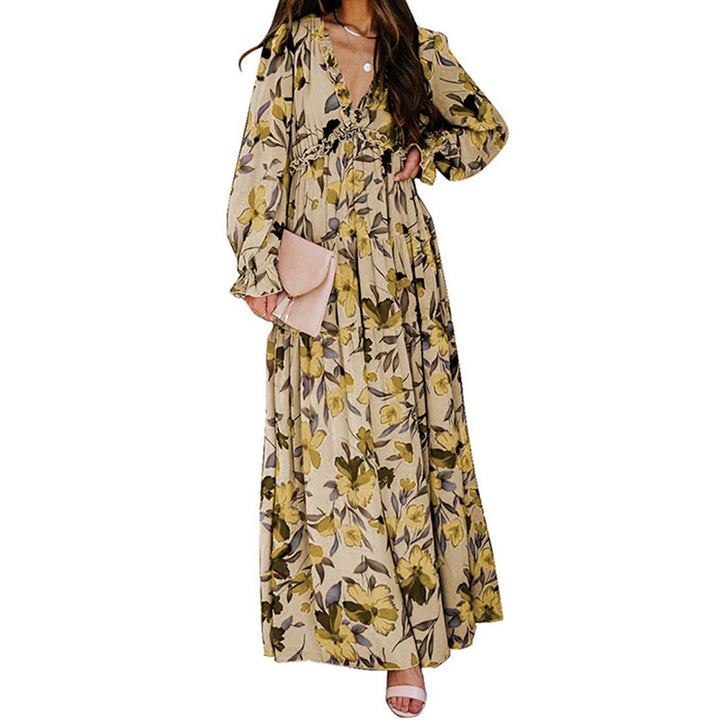 Printed Long Sleeve Dress Women's V-neck Loose-Women's Outerwear 2023-Zishirts