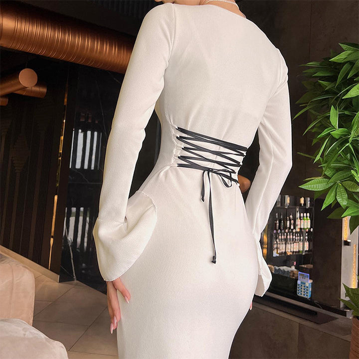 Women's Fashion Solid Color Bell Sleeve Tied Slim Fit Dress-Lady Dresses-Zishirts