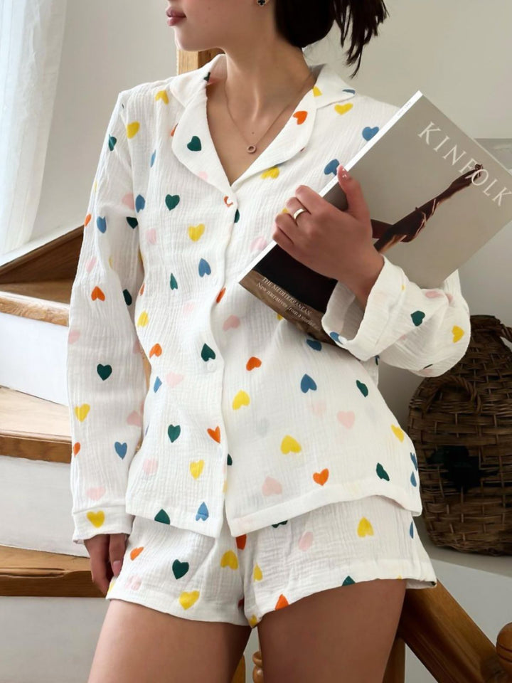 Women's Temperament Leisure Heart Printing Long-sleeved Shirt And Shorts Suit-Suits & Sets-Zishirts