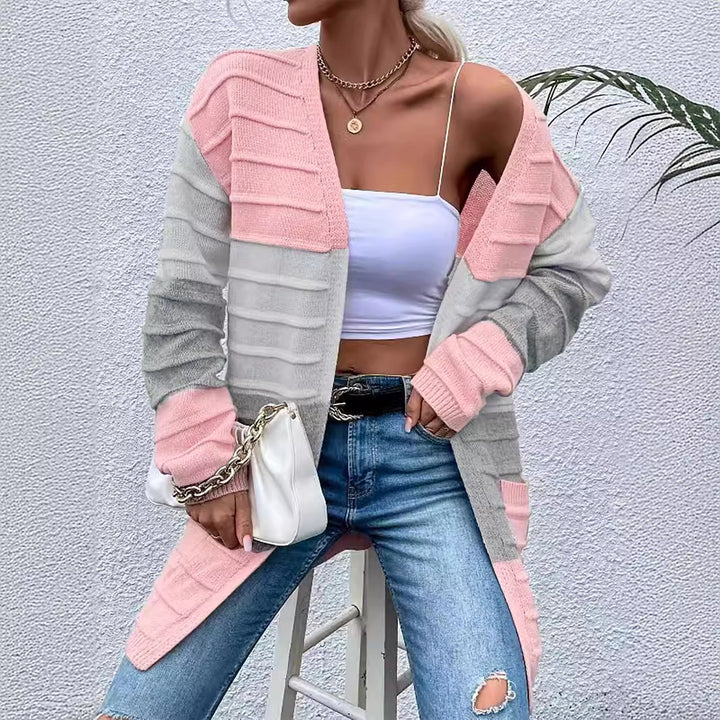 Amazon AliExpress Sweater Women's 2024 Fashion Jacket With Big Pockets Autumn And Winter Long Striped Color Matching Cardigan-Jackets-Zishirts