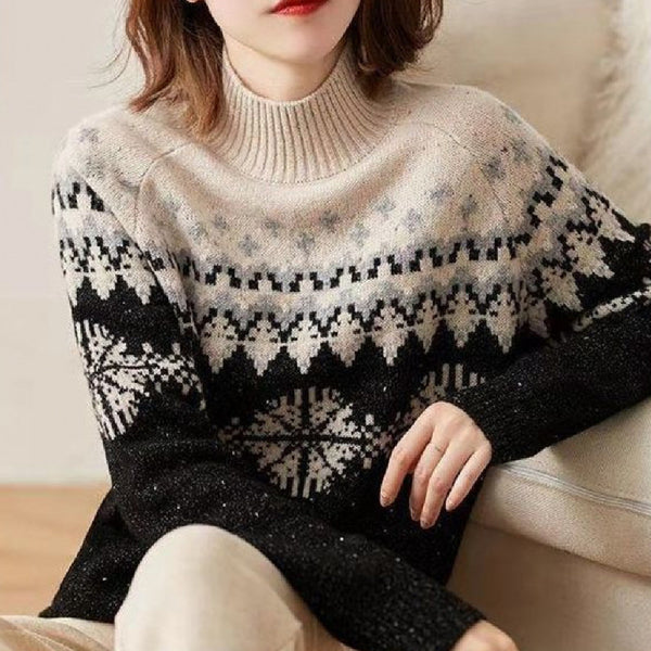 Autumn And Winter Spring New Half Turtleneck Knitted Snowflake Retro Loose Sweater-Jackets-Zishirts