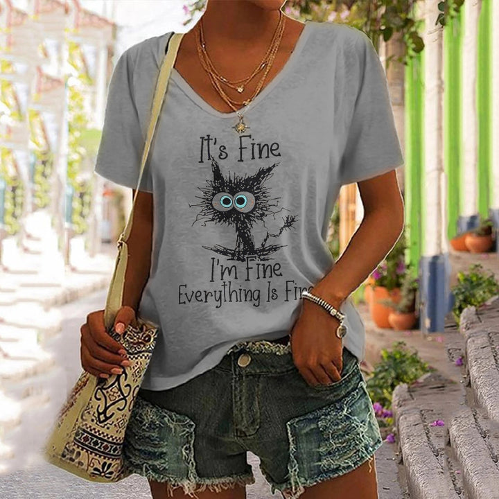 European And American Women's Clothing New Top Loose V-neck Digital Printed Short Sleeve T-shirt-Blouses & Shirts-Zishirts