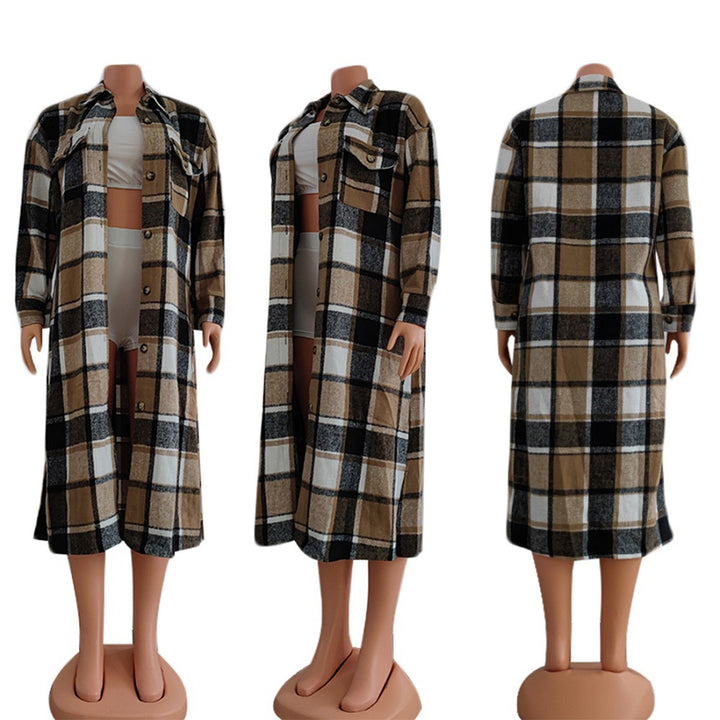 Women's Long Sleeve Lapel Plaid Woolen Coat-Jackets-Zishirts