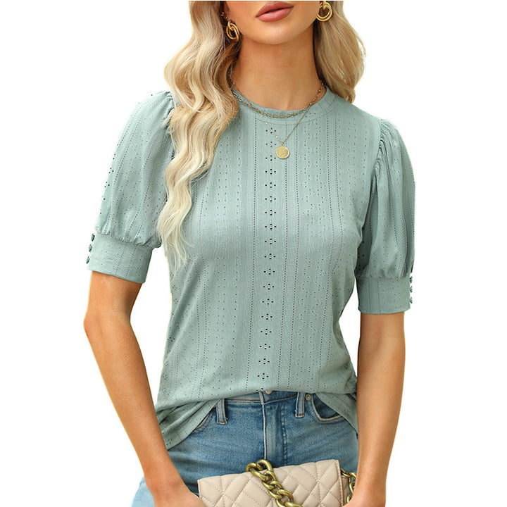 Summer Round Neck Hole Hollow-out Button Short-sleeved Casual Top-Women's Outerwear 2023-Zishirts