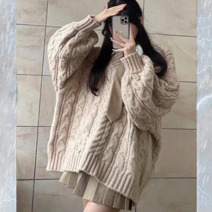 Cute Idle Style V-neck Large Sweater Gentle Korean Style-Sweaters-Zishirts