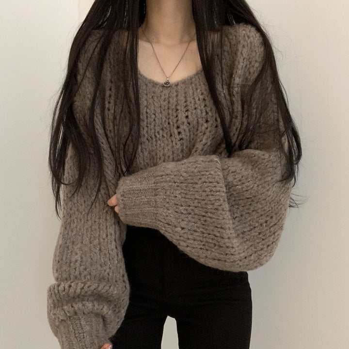 Women's Autumn And Winter Candy Color Pullover Loose Lantern Sleeve Knitted Sweater-Women's Outerwear 2023-Zishirts