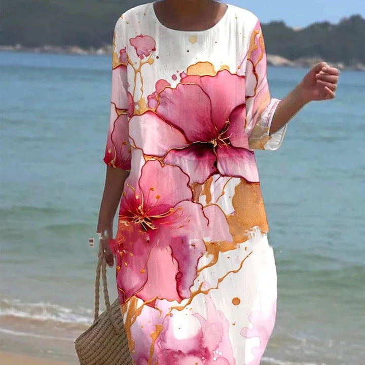 Spring And Summer Floral Print Round Neck Dress-Womens 2024 March-Zishirts