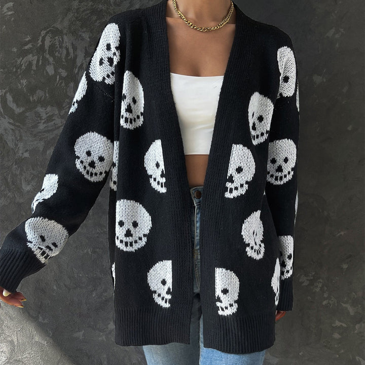 Women's Fashion Casual Halloween Skull Jacquard Knitted Long Sleeve Cardigan-Sweaters-Zishirts