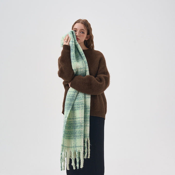 Women's White And Green Plaid Scarf-Scarves & Wraps-Zishirts