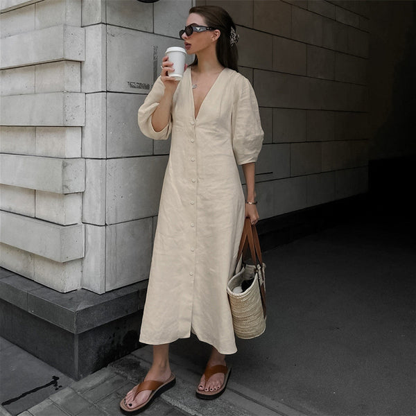 Women's Fashion Casual Cotton Linen V-neck Puff Sleeve Dress-Lady Dresses-Zishirts