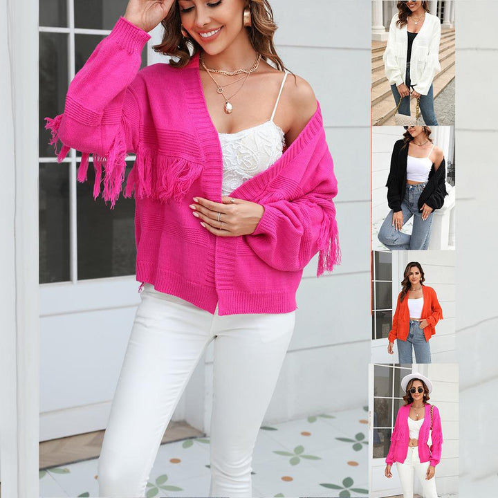 Women's Short Knitted Cardigan Tassel Sweater Top-Sweaters-Zishirts