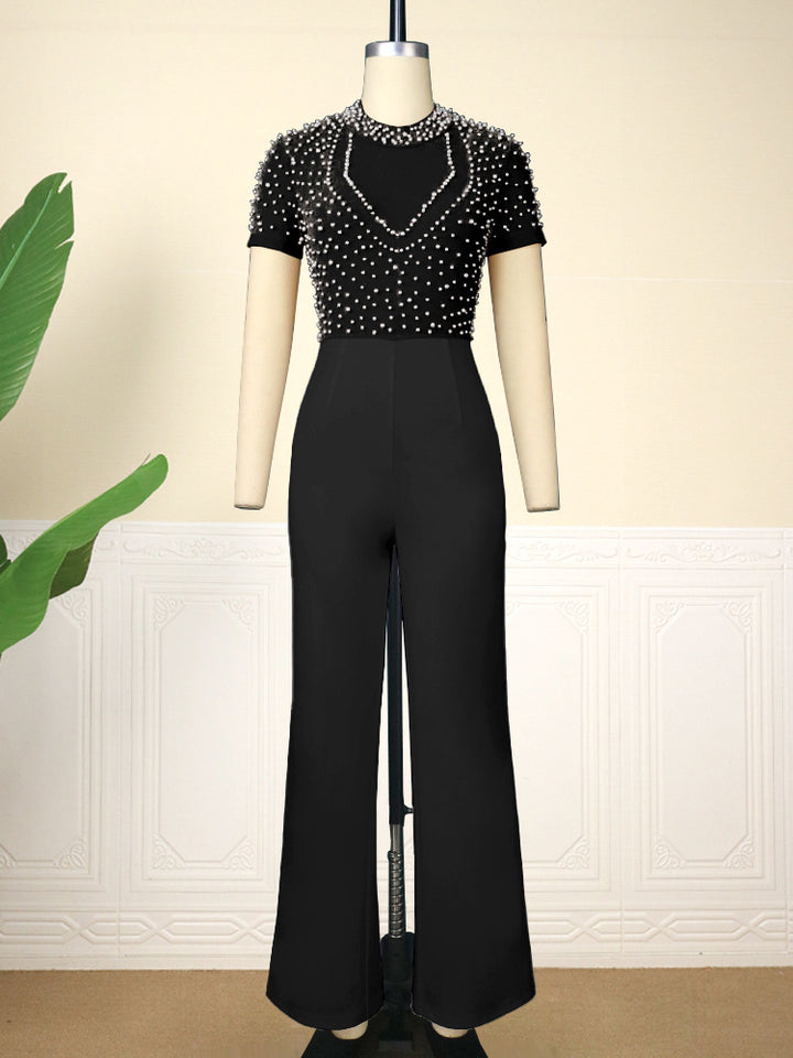 Round Neck Short Sleeved Beaded Jumpsuit-Women's Outerwear 2023-Zishirts