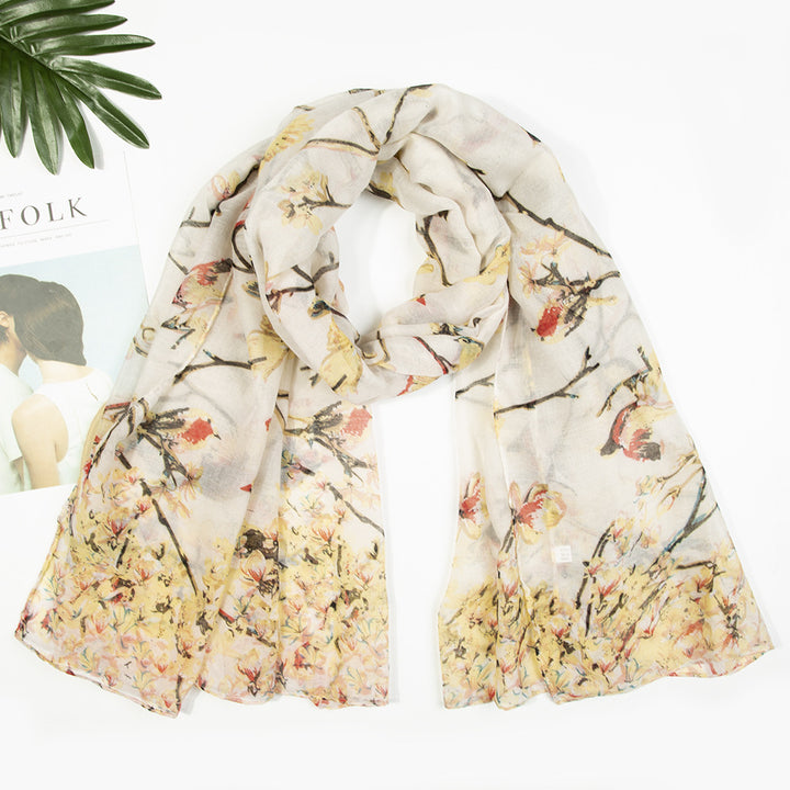 Yarn Branches Bird Magpie Print Paris Scarf-Scarves & Wraps-Zishirts