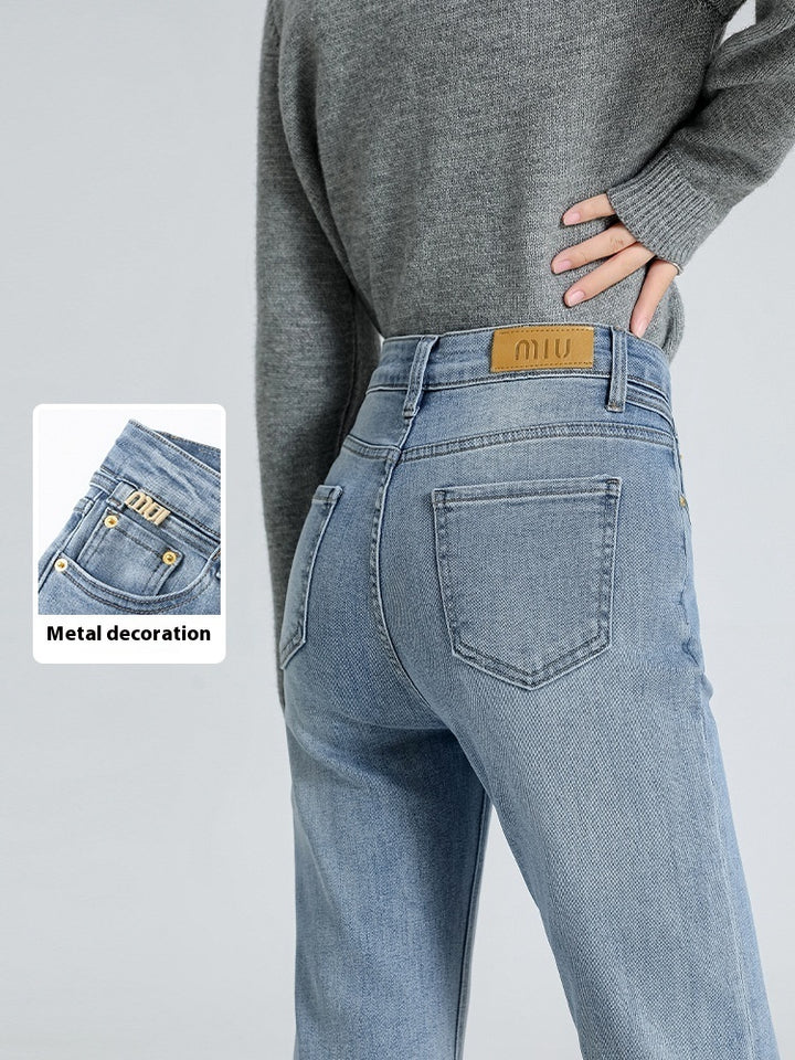 Light Blue Straight Jeans Women's Metal Decoration Hot Girl-Woman Jeans-Zishirts