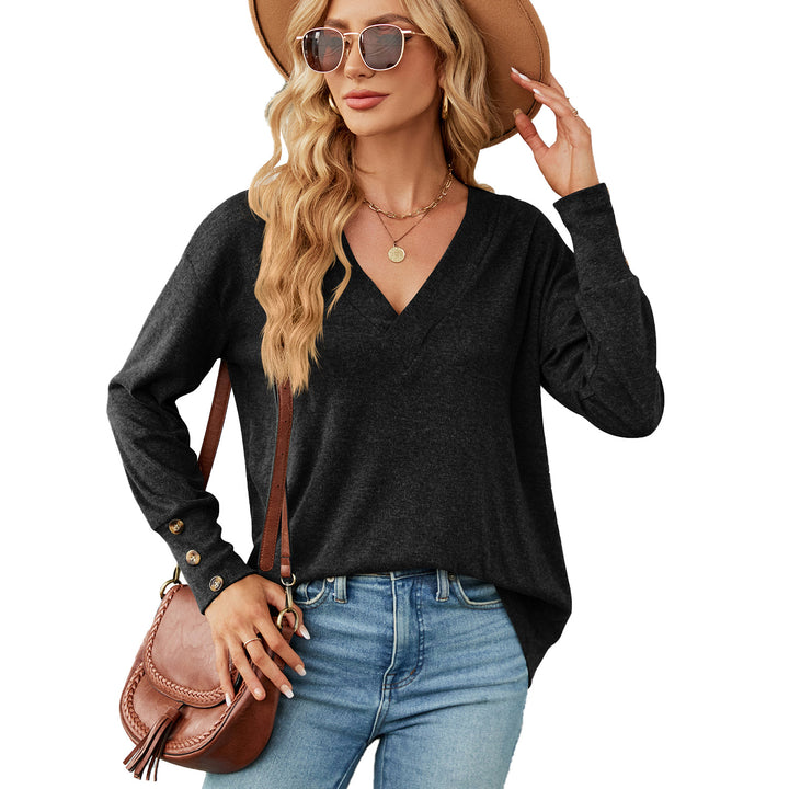 Solid Color And V-neck Loose Long Sleeve Button T-shirt Top-Blouses & Shirts-Zishirts