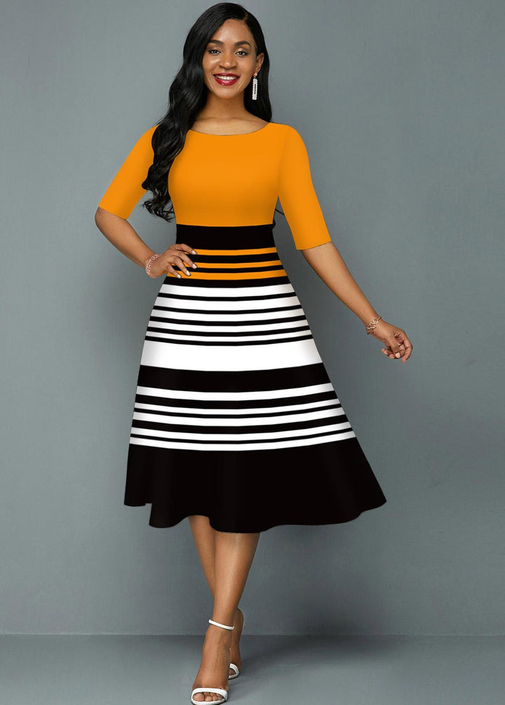 Women's Printed Striped Round Neck Knitted Dress-Womens 2024 March-Zishirts