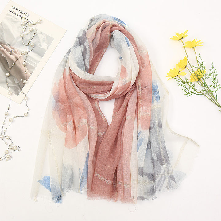 Women's Cotton And Linen Fleece Trimmed Printed Scarf-Scarves & Wraps-Zishirts