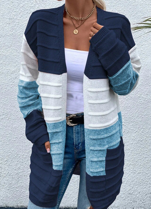 Amazon AliExpress Sweater Women's 2024 Fashion Jacket With Big Pockets Autumn And Winter Long Striped Color Matching Cardigan-Jackets-Zishirts