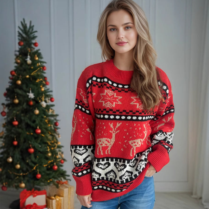 Christmas Casual Red Deer Jacquard Women's Long-sleeved Round Neck Sweater-0-Zishirts