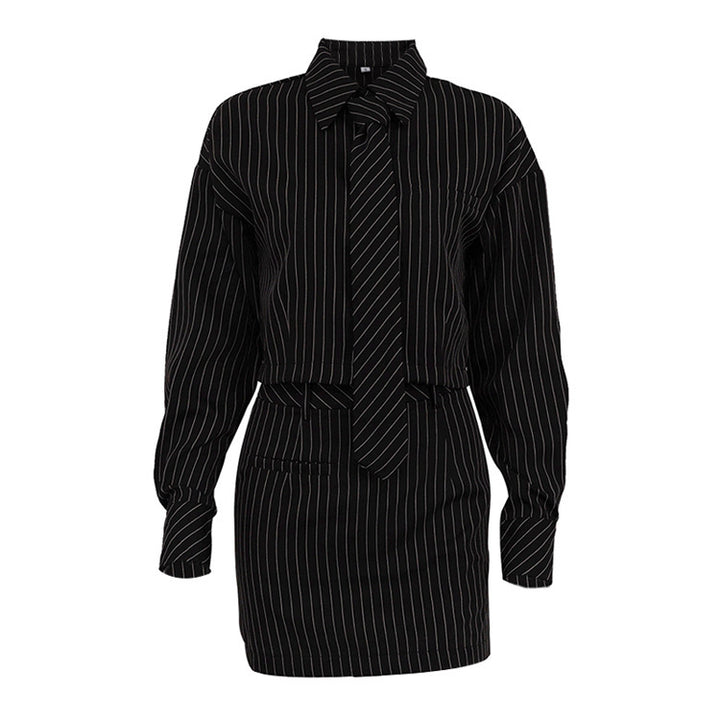 Striped Long Sleeve Tie Shirt Outfit Package Hip Skirt Two-piece Set-Suits & Sets-Zishirts