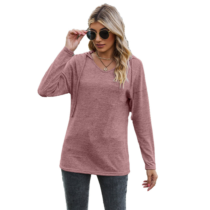 Solid Color And V-neck Hooded Long-sleeved Casual Bottoming T-shirt-Blouses & Shirts-Zishirts